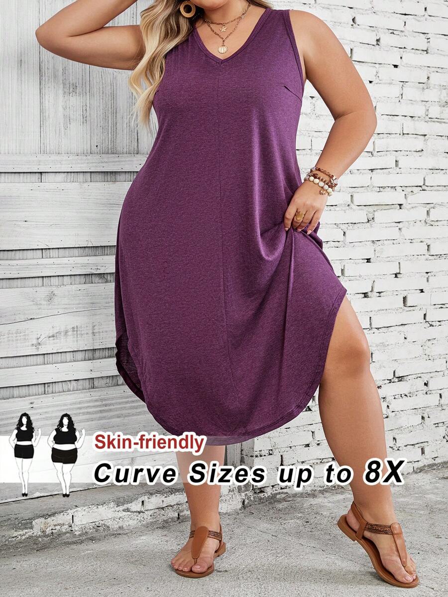SHEIN CURVE+ 大码女式纯色弧形下摆背心裙 - 紫色 - 查看 1