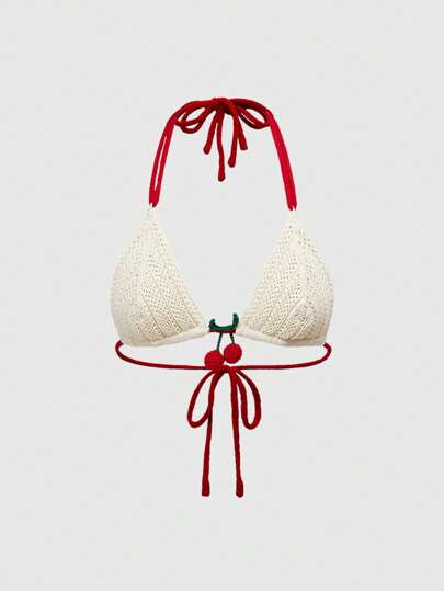Kawaii Beach Vacation Lovely Cherry Color Contrast Knitted Bikini For Women