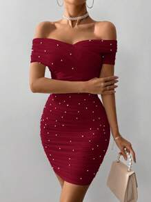 SHEIN Privé Women Open Shoulder Short Sleeve Beaded Fitted Dress,Rave Outfits Festival