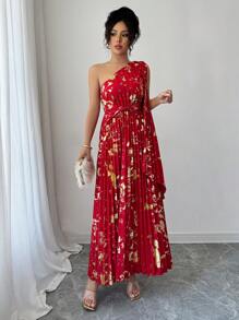 Elenzga Champagne Color Foil Textured Pleated Dress - Red - View 3