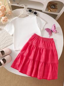 Elladie kids 2 件套女孩可爱花卉图案圆领短袖 T 恤和裙子 - 粉色 - 查看 3