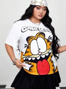 GARFIELD | SHEIN Plus Size Cartoon Graphic Print Casual Round Neck Short Sleeve T-Shirt - White - View 8