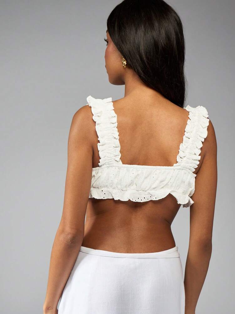 MISSGUIDED Broderie Anglaise Ruffle Strap Crop Top Summer Beach Bralette Smocked Eyelet Lace Festival Boho Vacation Top With Tie Front Detail