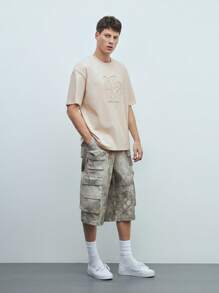 Maija 男士休闲简约字母刺绣贴布 T 恤 - 杏色 - 查看 3