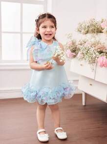 Toddler Girls' Cute Elegant Floral Organza Sleeveless Dress, Light Blue - Blue - View 7