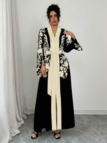 SHEIN PETITE Vestido largo de manga de campana con estampado floral bicolor negro y albaricoque, elegante para mujer de talla pequeña, para primavera/verano