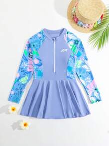 SHEIN Tween 女童热带植物印花连体长袖泳衣，休闲度假装 - 淺藍色 - 查看 6