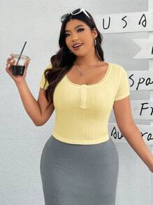 SHEIN EZwear 黄色提花针织大码女式短袖休闲 T 恤 - 黃色 - 查看 4
