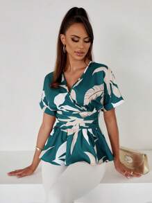 Xyvia 1pc Women's Crossover Collar Waist Ruched Fitted Shirt (Random Print) - Multicolor - View 4