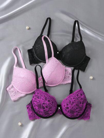 Snug Zone 3pcs/Set Women's Lace Push Up Adjustable Romantic Simple Lingerie Bra Sets With Wire