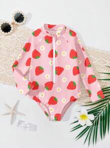 SHEIN Baby Girls' Casual Minimalist Fitted Strawberry Print Long Sleeve One-Piece Swimsuit, Suitable For Summer