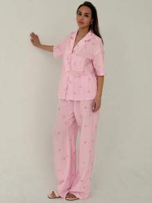 Aloruh Elegant Cute Striped Bow Print Simple Commuting & Home Office Versatile Shirt And Straight Leg Pants Set,Summer Sets - Pink - View 6