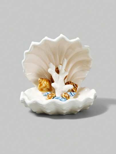 Kawaii 1pc Creative Shell & Coral Shaped Jewelry Display Stand And Storage Tray, Desktop Organizer (Ceramic Item May Have Black Spots Or Other Defects, Which Is Normal In The Manufacturing Process)
