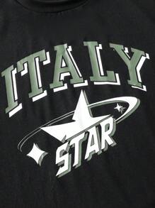 SHEIN Explorewe 2pcs Black Printed Short Sleeve T-Shirt And Khaki Printed Long Pants, Teenager Casual Fashion Set