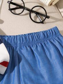 SHEIN 2 件套年轻男孩夏季短袖 Polo 领单排扣卡通熊条纹衬衫上衣和牛仔效果短裤套装，适合上学、休闲装和外出 - 彩色 - 查看 6