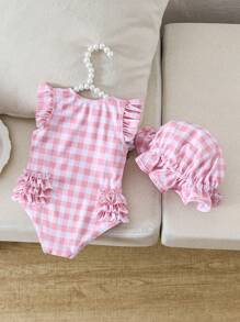 Newborn Baby Pink Plaid Random Print Swimsuit & Swim Cap Set - Baby Pink - View 3
