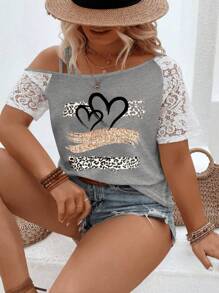 SHEIN Plus Size Asymmetrical Collar Lace Short Sleeve Leopard Heart Print Casual T-Shirt, Spring/Summer