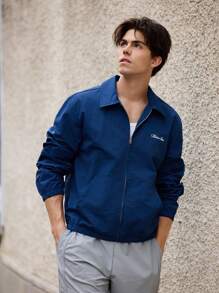 Maija Áo khoác nam màu trơn thêu chữ tối giản giản dị - Màu xanh hải quân - Xem 7