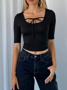 Siren Gaze Women's Solid Color Front Tie Square Neck Slim Short Sleeve T-Shirt, Fashionable Commuting Top, Supermodel Style Top, Black, Easter Outfit Women,Concert Outfit Women,Summer Clothes