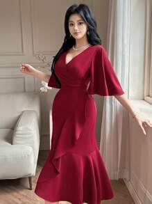 DAZY 女士优雅纯色裹身中长连衣裙，红色荷叶边女装