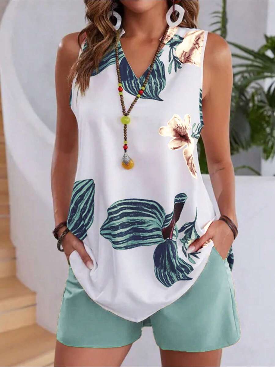 EMERY ROSE Bộ 2 món/Bộ áo không tay cổ chữ V in họa tiết cây nhiệt đới và quần short cho nữ, đi nghỉ - màu xanh lá - Xem 1