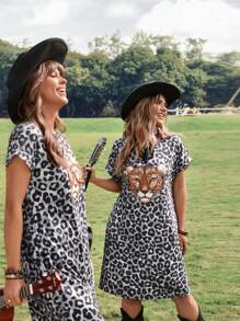 SHEIN LUNE Women's Cheetah Print Rivet Decor Plus Size Round Neck T-Shirt & Cheetah Print Mini Dress Set Summer Outfits For Women Spring Outfits For Women