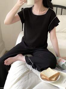 SHEIN 少女简约优雅撞色荷叶边短袖上衣和长裤编织睡衣套装