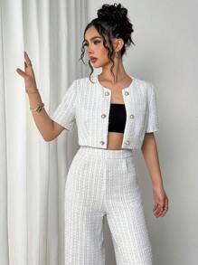 Firerie Elegant Women 2pcs Solid Color Textured Cropped Jacket & Pants Suit Sets/Suitable For Dates/Work/Vacation/ Holiday/Casual Wear/Summer Bohemian Style/Holiday/Festival/Music Festival/Derby Dress/Rodeo Outfit - White - View 7