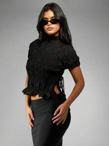 MISSGUIDED Smocked High Neck Crop Top Summer Puff Sleeve Fashion Blouse Side Tie Short Women Casual Party Evening Ruffle Hem Shirred Top Festival