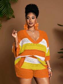 Maweii Plus Size Women Multicolor V-Neck Hollow-Out Beach Holiday Elegant 2 Pieces Set Winter Fall Autumn