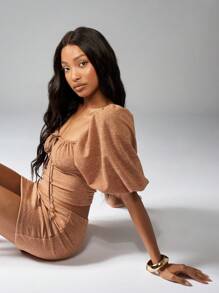 MISSGUIDED Milkmaid Co-Ord Set Square Neck Puff Sleeve Crop Top With High Rise Mini Skirt Two Piece Outfit Textured Autumn Spring Party Summer - Brown - View 4