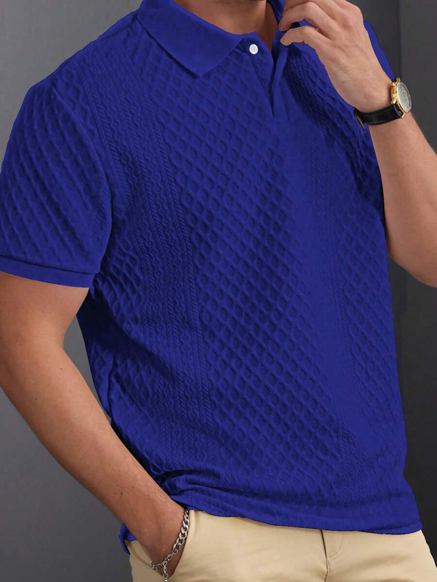 Manfinity Homme 男士休闲日常风，INS 短袖 Polo 衫，采用几何纹理提花针织面料。配有纽扣门襟，是夏威夷海滩度假、音乐节以及日常穿着的理想之选，也适合度假/派对穿着。 - 寶藍色 - 查看 1