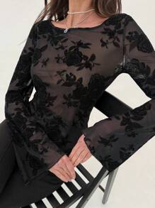 Aloruh 女式黑色植绒船领喇叭袖性感透明上衣 - 黑色 - 查看 8