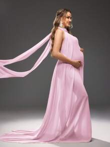 Cheriluna Maternity 孕妇纯色侧开衩拼接雪纺下摆孕妇装，适合孕妇拍摄 - 粉色 - 查看 5