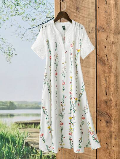 Rusticease Vestido Casual de Manga Curta com Decote em V e Estampa Floral, Comprimento Méd...