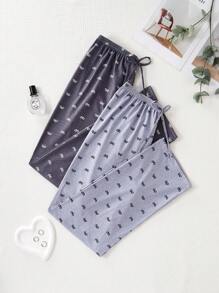 SHEIN 2件套/组 全印花蝴蝶结装饰休闲女式睡衣裤套装，秋冬服装 - 灰色 - 查看 2