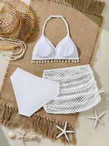 SHEIN Tween Girls Fashion Simple Shell Print  Bikini Set With Ruched Beach Skirt Summer Holiday - White - View 2