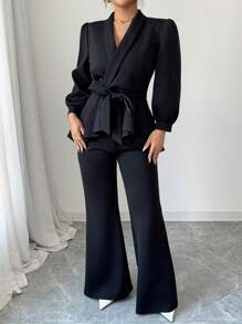 INAWLY 2 pezzi Set di giacca e pantaloni con volant eleganti e manica lunga per donna taglia grande