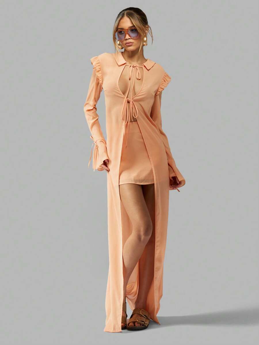 MISSGUIDED Luxury Resort Beach Two-Piece Set Maxi Shirt Cover-Up With Mini Dress Summer Holiday Ruffle Sleeve Tie-Front Lightweight Beachwear Vacation Set - Orange - View 1
