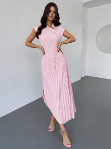 Firerie Abito lungo con arricciature, colletto alla coreana senza maniche, vita con patchwork, orlo arricciato, colore rosa, nuovo stile per San Valentino