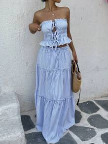 SHEIN SunnyBelle Fashionable Striped Tie Front Set - Sexy Bandeau Crop Top + Patchwork Ruffled Skirt - Blue and White - View 5