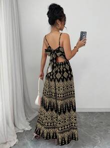 Breezaya 几何印花蝴蝶结露背吊带连衣裙，度假风格 - 黑色 - 查看 2