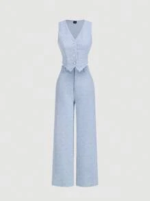 SHEIN MOD Conjunto de traje elegante para mujer que incluye: chaleco blazer azul, pantalón de pierna recta