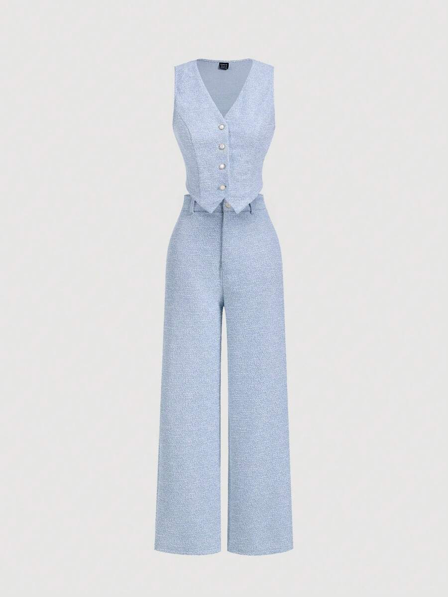 SHEIN MOD Conjunto de traje elegante para mujer que incluye: chaleco blazer azul, pantalón de pierna recta