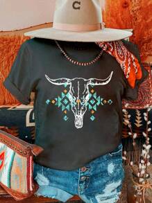 SHEIN LUNE 碳灰色复古牛头骷髅绿松石几何图案 T 恤