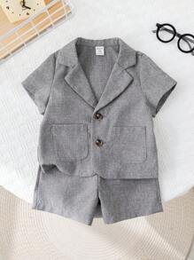 SHEIN 2pcs Baby Boy/Girl Casual Simple Solid Color Short Sleeve Blazer Jacket And Elastic Waist Shorts Set, Suitable For Summer