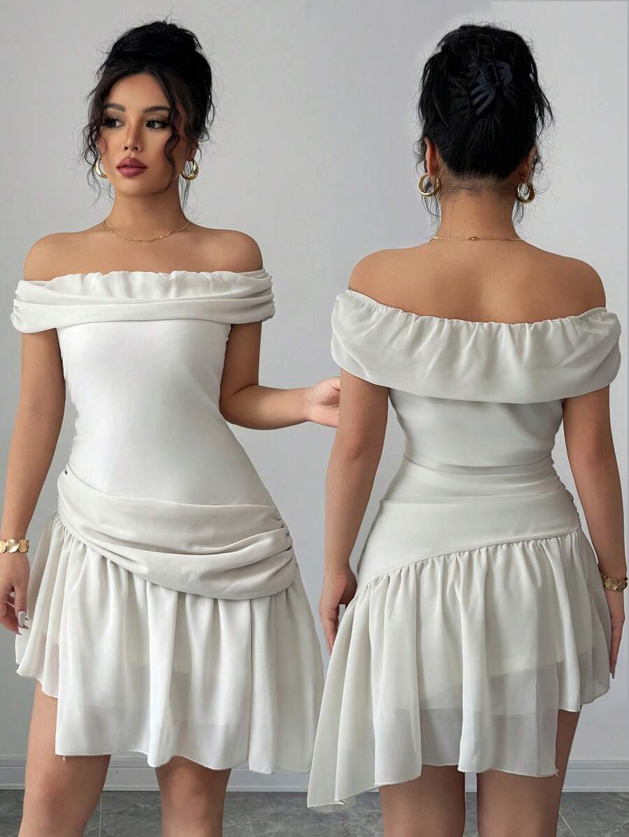 SHEIN Unity Off-Shoulder Ruched Waist Flowy Chiffon Dress, Slimming - Apricot - View 1