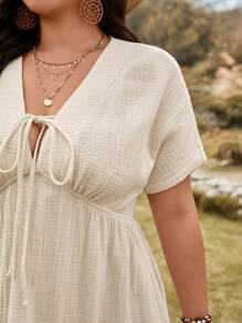 SHEIN LUNE 大码女式 100% 纯棉 V 领系腰中长连衣裙 夏季 - 杏色 - 查看 4