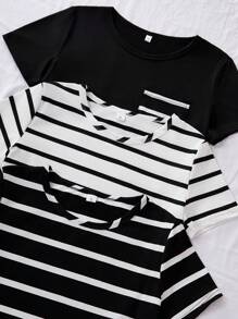 Shein Underwear&Sleepwear Basics 3-Piece Stripe Casual Short Sleeve Top And Shorts Women Pajama Set