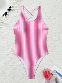 Swim SPRTY Trang phục đi biển cho phụ nữ, đồ bơi thể thao một mảnh không tay in họa tiết sọc chéo lưng mùa hè mới cho phụ nữ - Màu Hồng Tươi - Xem 4